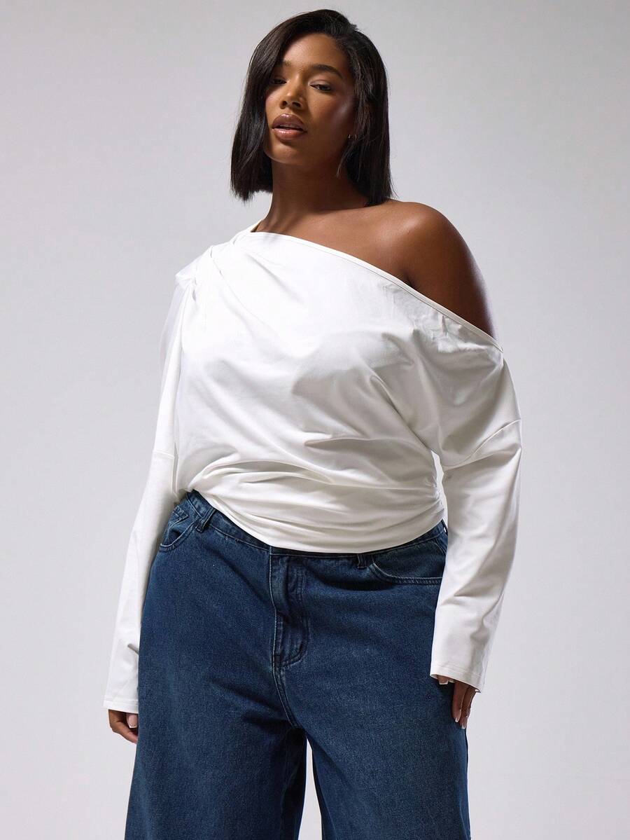 MUSERA Plus Asymmetric Shoulder Long Sleeve Top Cute Holiday Elegant Vacation Romantic Curve Week , Holidays, Party, Festive Spring - White - View 1