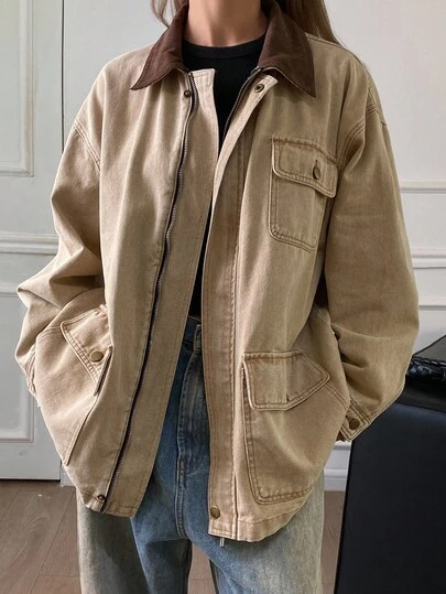 Livesso 女式休闲宽松拼色牛仔夹克，秋季