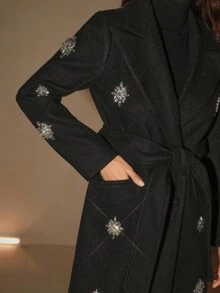Anewsta Elegant Handcrafted Rhinestone Embellished Classic Double-Breasted Design With Delicate Belt Mid-Length Overcoat, Autumn/Winter - Black - View 2