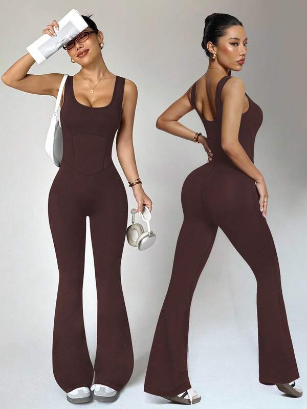 Dewbera Women's Black Sleeveless Jumpsuit With Front Seam, High Waist U-Neck U-Back Design, Suitable For Casual, Gym, Yoga, Running In Spring/Summer Flared Leggings Set Bodycon Jumpsuit Flare Jumpsuits For Woman Backless Jumpsuits  Brown Set  Brown Bodysuit Pink Bodysuit. Flared Jumpsuit For Women