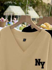 EMERY ROSE 2 piezas Sudadera de felpa con cuello en V de unicolor para mujer talla grande con estampado de NY, versátil para otoño/invierno