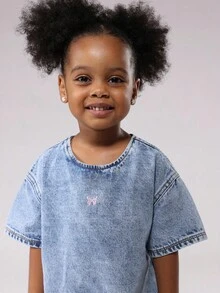 SUMWON Toddler Girls Denim T-Shirt Dress Light Wash Classic Cotton Jean Summer Mini Dress Casual Spring Wear Kids Fashion Short Sleeve A Line Dress - Blue - View 3