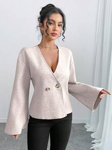 INAWLY Women's Elegant Cardigan, Fluffy, Warm, V-Neck, Bell Sleeve, Waist Cinched, Short Jacket - Apricot - View 5