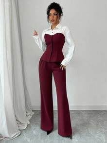 Rafferiza 2pcs/Set Contrast Color Block Slim Fit Shirt And Pants