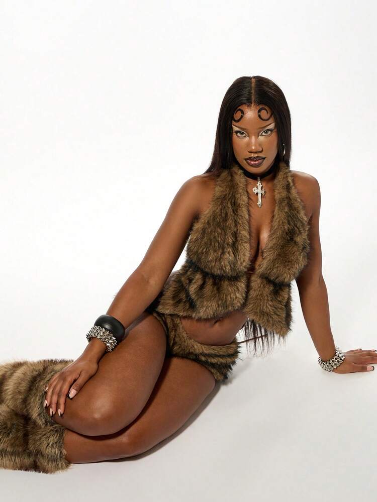 SUMWON WOMEN Halloween Faux Fur Halterneck Top With Back Tie