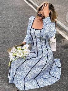 SHEIN Frenchy Women's White And Blue Floral Square Neck Long Sleeve Trim Elegant Dress,Autumn Winter New Year For Party,Wedding,Graduation,Date,Casual - Multicolor - View 7