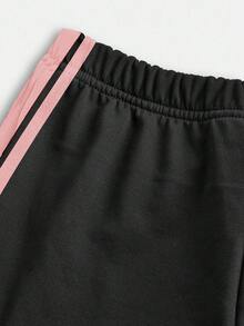 SHEIN Leap Crew 复古运动条纹套装，迷你蝴蝶结装饰，青少年女孩休闲简约黑色和奶油白色条纹宽松圆领短袖 T 恤和喇叭裤两件套服装，适合夏季 - 彩色 - 查看 4