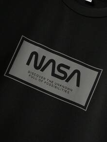 SHEIN 2 件青少年男孩休闲日常百搭舒适字母印花图案圆领宽松套头衫和宽松慢跑裤套装 - 淺灰色 - 查看 7