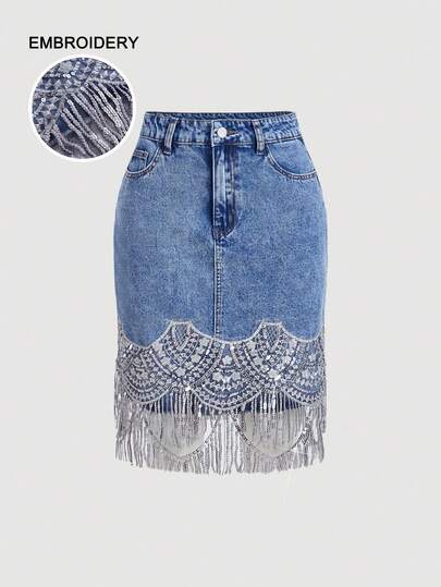 SHEIN MOD Plus Size Women's Fashion Fringe Pocket Tassel Denim Skirt , Christmas Party Wedding Guest Going Out Country Concert Sparkly Skirt