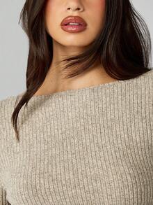 MISSGUIDED 修身罗纹针织喇叭袖迷你连衣裙冬季派对长袖毛衣连衣裙紧身俱乐部夜间外出露背弹力休闲服 - 杏色 - 查看 4