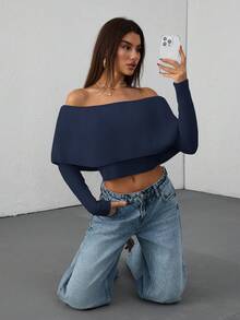 EURMUSE Casual Off Shoulder Bardot Ruffle Neckline Long Sleeve Sweater - Navy Blue - View 4