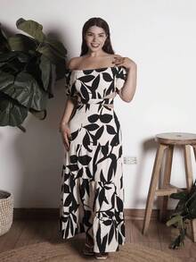 Lupita Cardoza 女士露肩系带镂空度假连衣裙（不对称花卉印花） - 杏色 - 查看 3