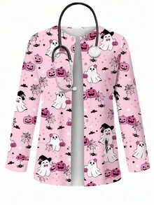 PopScrub Women's Cute Pink Pumpkin, Cartoon Ghost Digital Print Sweet Nurse Scrub Uniform Jacket For Halloween - Multicolor - View 1