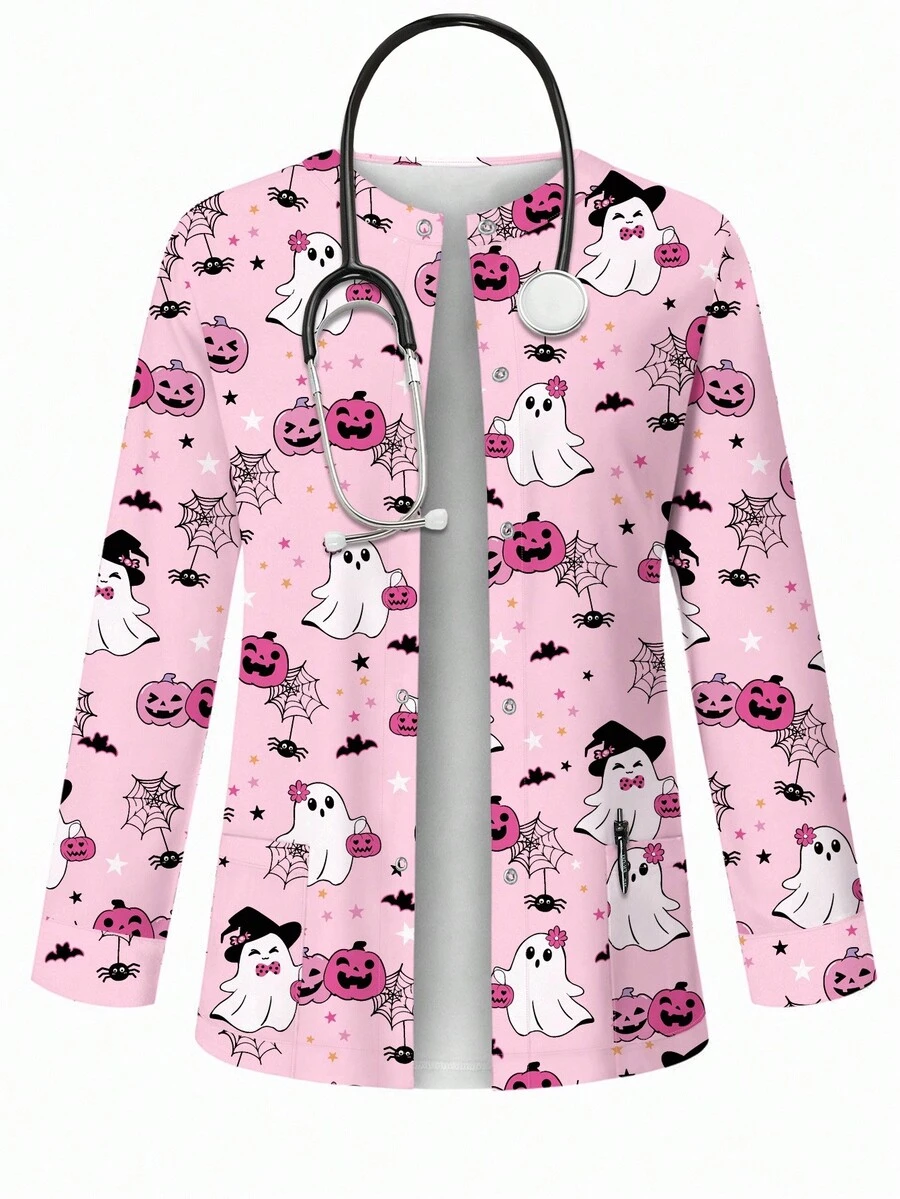 PopScrub Women's Cute Pink Pumpkin, Cartoon Ghost Digital Print Sweet Nurse Scrub Uniform Jacket For Halloween - Multicolor - View 1
