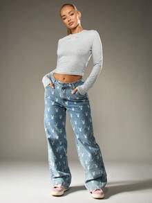 Missguided x Playboy Cotton Logo Long Sleeve Crop Top With Colorful Rainbow Text Design - Light Grey - View 4