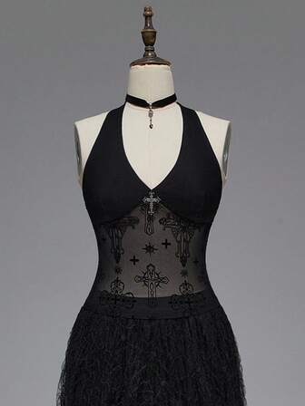 Goth Gotischer Schloss-Flockkreuz-Dekor Bodycon-Trägertop für Frauen, Halloween
