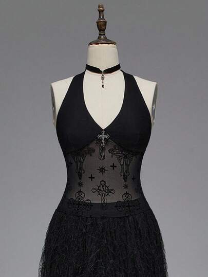 Goth Top sin mangas ajustado con cuello halter y decoración de cruz con efecto aterciopelado de castillo gótico para mujeres, Halloween