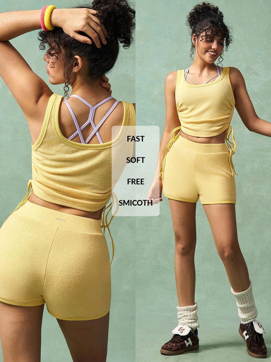 VARSIVA Workout Women Sets Women's Solid Color Side Drawstring Tank Top And Shorts Sports Suit - Yellow - View 1
