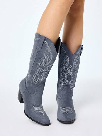 Fairycore Women's Cowboy Boots, Outdoor Casual Fashion Slip-On Embroidery Western Middle Calf Boots, Spring & Autumn New Arrival