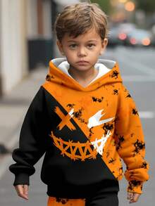 男童休闲时尚经典酷炫针织卫衣，扎染三角几何图案印花，人脸印花宽松舒适，适合日常穿着，秋冬季节穿着。 - 彩色 - 查看 1