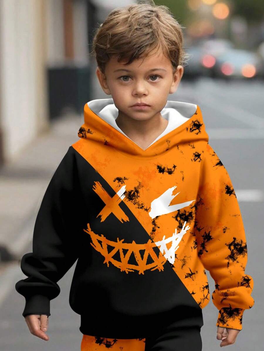 男童休闲时尚经典酷炫针织卫衣，扎染三角几何图案印花，人脸印花宽松舒适，适合日常穿着，秋冬季节穿着。 - 彩色 - 查看 1