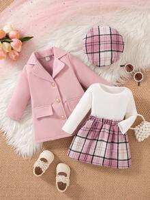 SHEIN 新款女童三件套秋冬优雅学院风公主裙装女婴商务装粉色格子女婴秋冬两件套女婴外套两件套幼儿女童可爱复古风格 - 玫紅色 - 查看 1