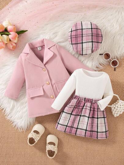 SHEIN 新款女童三件套秋冬优雅学院风公主裙装女婴商务装粉色格子女婴秋冬两件套女婴外套两件套幼儿女童可爱复古风格