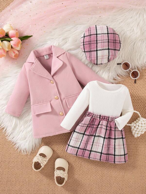 SHEIN 新款女童三件套秋冬优雅学院风公主裙装女婴商务装粉色格子女婴秋冬两件套女婴外套两件套幼儿女童可爱复古风格