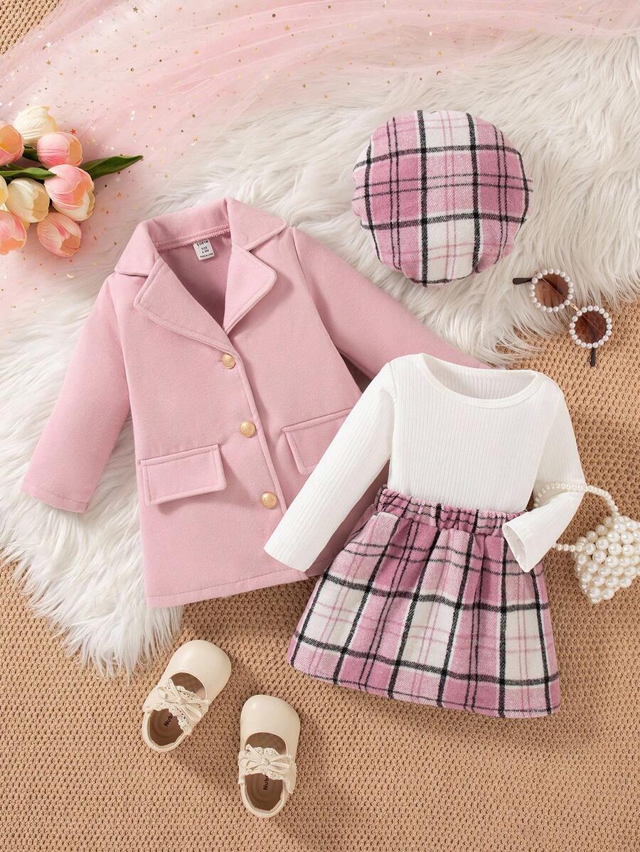 SHEIN 新款女童三件套秋冬优雅学院风公主裙装女婴商务装粉色格子女婴秋冬两件套女婴外套两件套幼儿女童可爱复古风格 - 玫紅色 - 查看 1