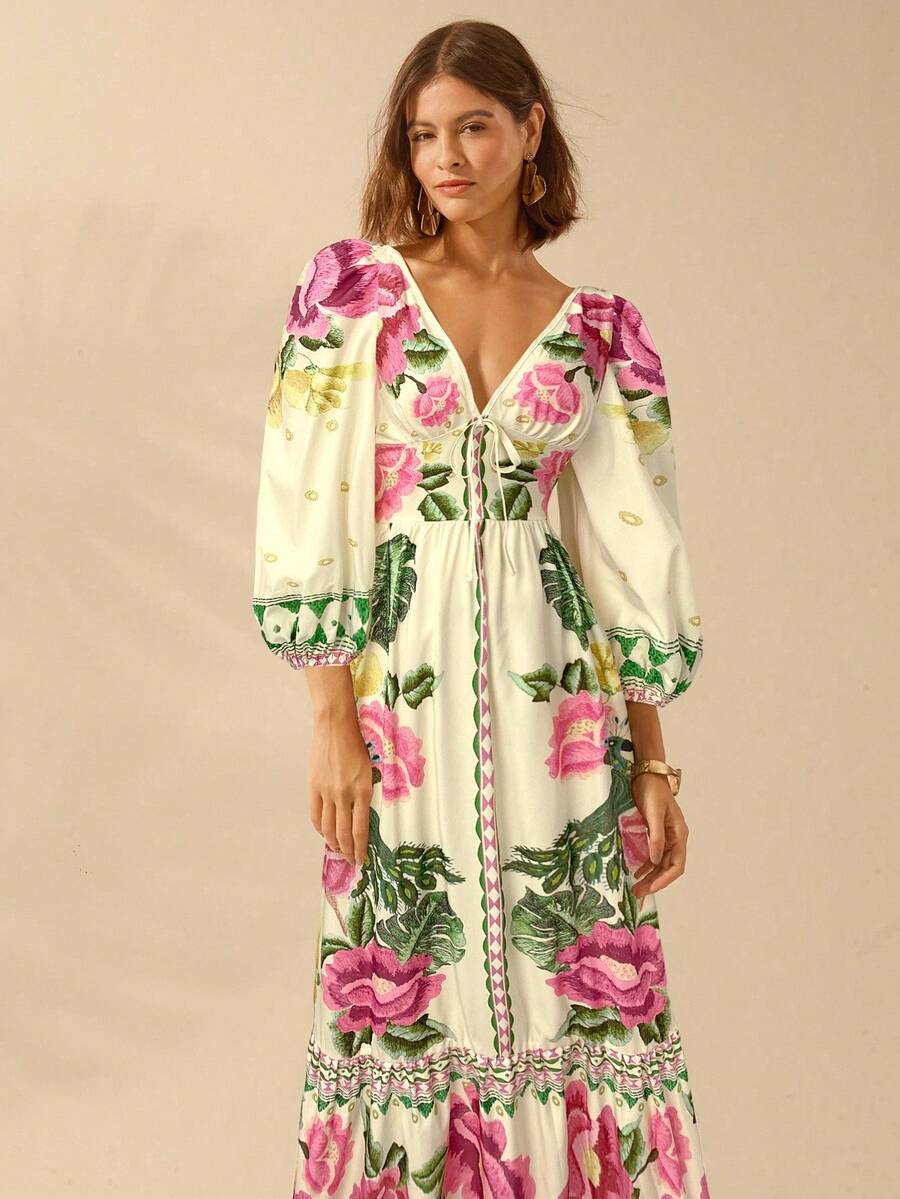 CAJUNI 女式波西米亚风热带花卉 V 领长袖露背 A 字形度假连衣裙 - 彩色 - 查看 1