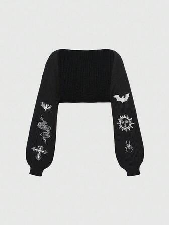 Goth Cárdigan de punto con bordado oscuro, misterioso, con cruz, murciélago y calavera, talla grande