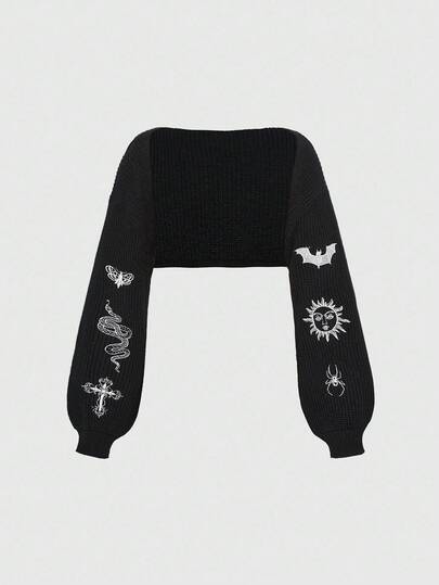 Goth Cárdigan de punto con bordado oscuro, misterioso, con cruz, murciélago y calavera, talla grande