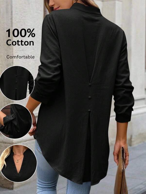 EMERY ROSE Women's Solid Color V-Neck Rolled Sleeve Casual Loose Shirt