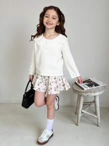 Genkimix Kids Áo thun tay dài vải gân cho bé gái có cổ viền ren, thoải mái, thời trang thanh lịch, phù hợp cho mùa xuân, thu, đông - trắng - Xem 8