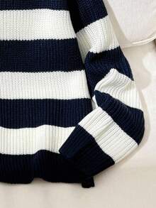 SHEIN Tween Girl Casual Striped Colorblock Off Shoulder Loose Batwing Long Sleeve Sweater, Autumn/Winter Fall