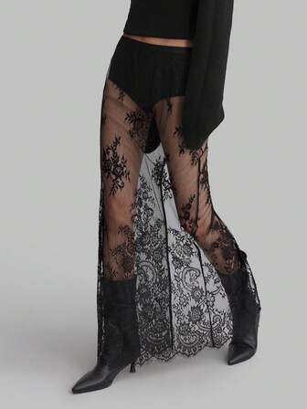 Ontre Saia Preta de Renda Combinável para Todas as Estações, Outono e Inverno, Moda e Sexy, Saia Transparente de Renda Super Longa Combinável, Vestuário Feminino de Outono