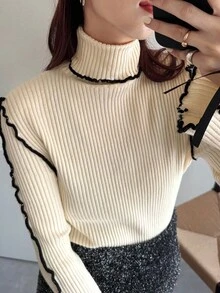 FRIFUL 女式高领罗纹撞色缝线修身袖口蝴蝶结休闲厚毛衣 - 米色 - 查看 6