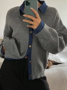 DAZY 女式休闲牛仔拼布落肩长袖开衫，秋冬 - 灰色 - 查看 4