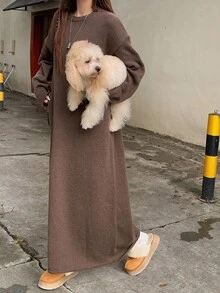 DAZY 女士纯色圆领落肩长袖休闲宽松针织毛衣裙，秋冬 - 棕色 - 查看 7