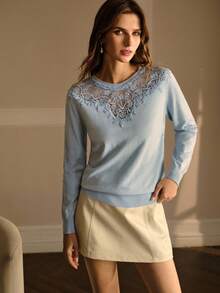 MOTF PREMIUM WOMEN'S CONTRAST GUIPURE LACE LONG SLEEVE SWEATER, AUTUMN - Blue - View 4