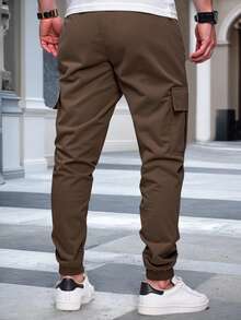 Manfinity Homme Men's Solid Color Pocket Drawstring Waist Casual Slim Fit Cargo Pants, Fall - Coffee Brown - View 3