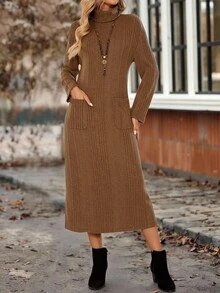 EMERY ROSE Women's Casual Solid Color Turtleneck Double Pocket Mid-Length Dress, Autumn/Winter  Autumn Outfits For Women  Winter Dress Women  Going Out Dress