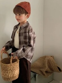 DAZY Boys (Small) Casual Plaid Shirt Set, Loose Fit, Japanese Style, Autumn