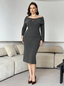 Modelyn فستان محبوك مناسب للمقاسات الكبيرة، أنيق بلون أحادي، كتف مكشوف، مناسب للخريف والشتاء - رمادي - مشاهدة 3
