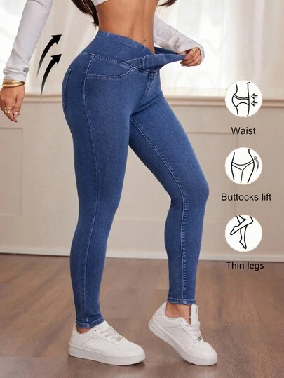 SHEIN PETITE Women's Fall Autumn Winter Back To School Homecoming Halloween Christmas Y2k Cute Gym Streetwear Birthday Club Airport Women Casual Washed Overlap Waist Slim Fit Blue Jeans High-Waisted Stretchy Skinny Jeans For Women - Perfect Fit For Everyday Wear Casual Blue Denim Skinny Jeans With Soft Fabric And Flattering High-Waist Design