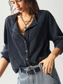 Bohemela 大码女式纯色落肩长袖单排扣休闲T恤