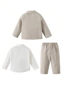 SHEIN 男宝宝绅士套装，白色衬衫，卡其色西装外套，松紧腰裤，适合生日派对、晚宴、演出、婚礼、迎婴派对、一周岁生日庆祝等场合。长袖西装外套，配有蝴蝶结，正式场合穿着。男宝宝米色西装，适合男孩婚礼穿着，秋冬季正式场合穿着。 - 卡其色 - 查看 2