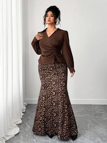 Elenzga Plus Size Women's Fashion Casual French Retro Elegant Ruched Blouse And Leopard Print Fishtail Skirt 2 Pieces Set Fall - Brown - View 3