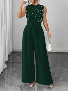 Elenzga Plus Size Elegant Beaded Sleeveless Round Neck Top And Straight Leg Jumpsuit - Dark Green - View 5