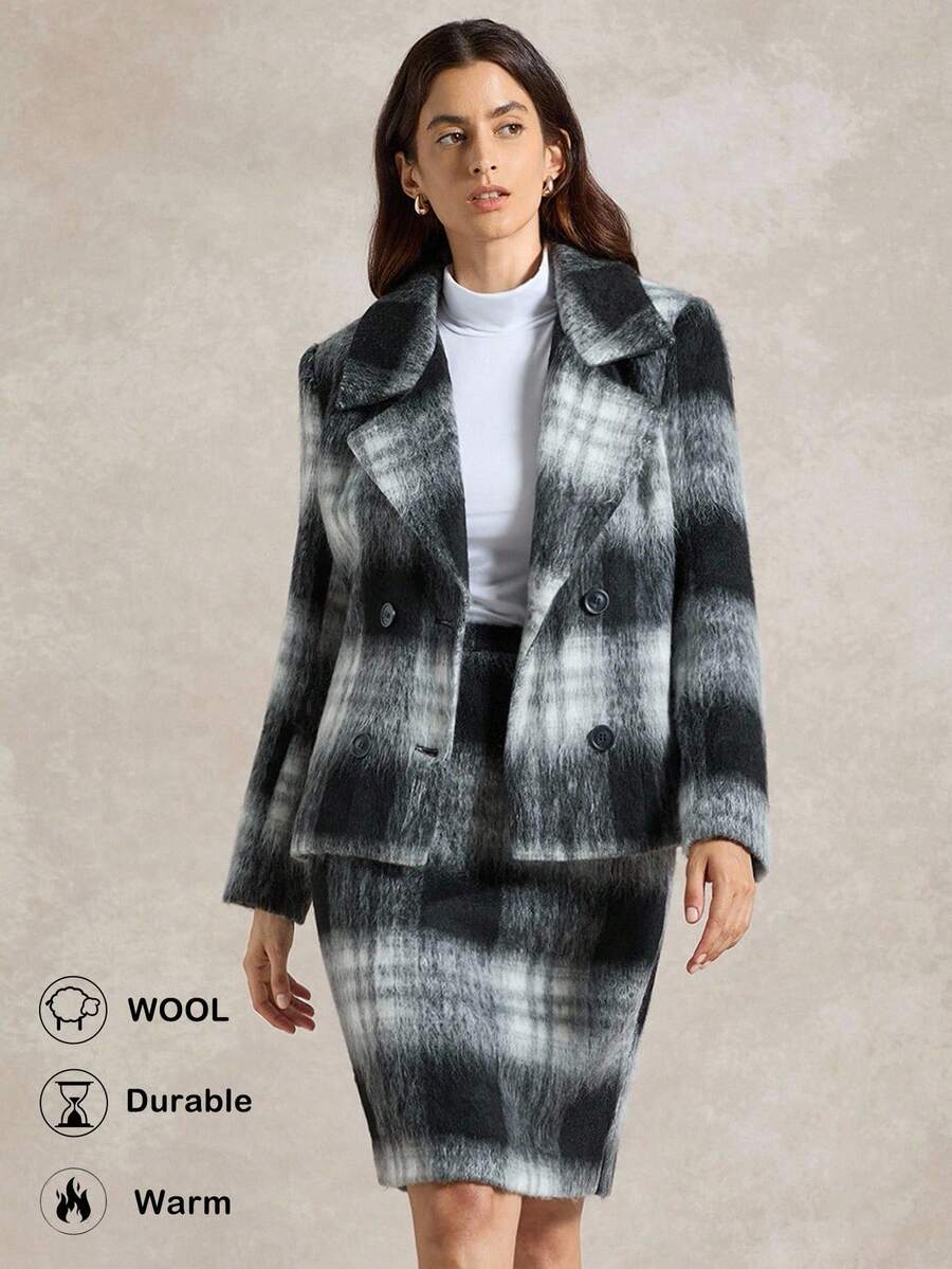 Briarwyn Women's Elegant Plaid Long Sleeve Top And Skirt 2 Pieces Set, ,Old Money Style Women, Fall Clothes For Women ,Winter Set Thickened Fabric - Black and White - View 1